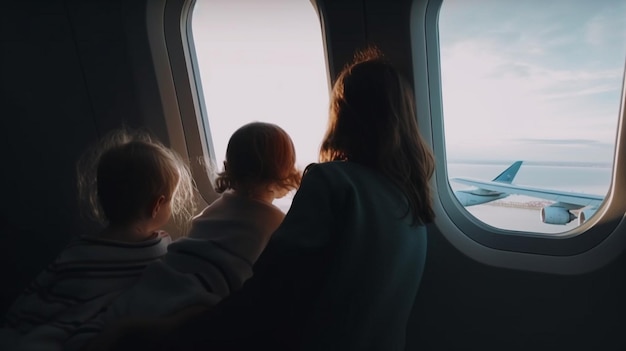 Traveling via plane with a mother and her children family travel Generative AI