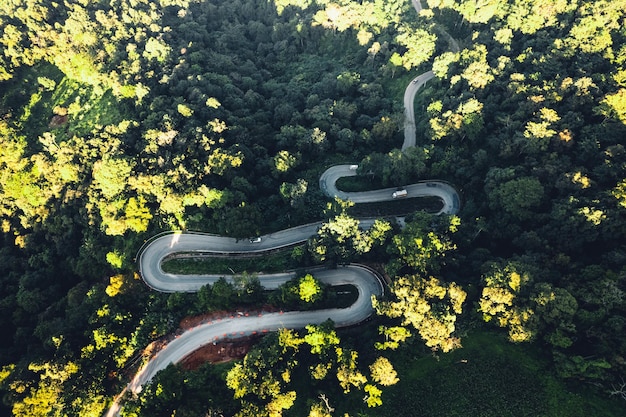 Traveling on winding mountain roadAerial View Of Winding Road Amidst Trees