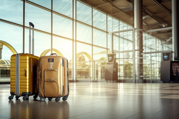 Traveling with luggage in the airport Multicolored luggage in the airport terminal AI genesis