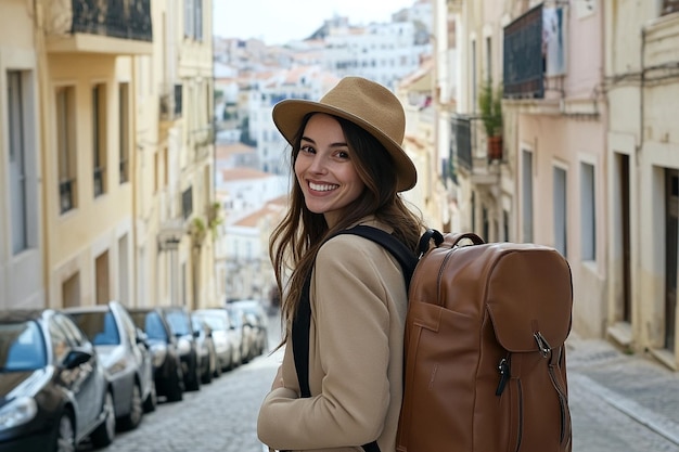 Photo a traveling woman with a hat and backpack