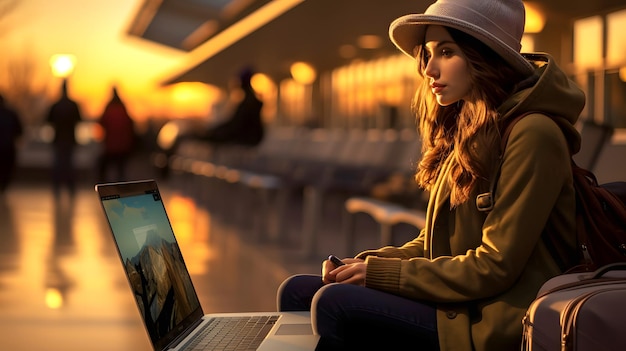 Photo traveling young woman with luggage indoors at the airport in the evening tour and baggage