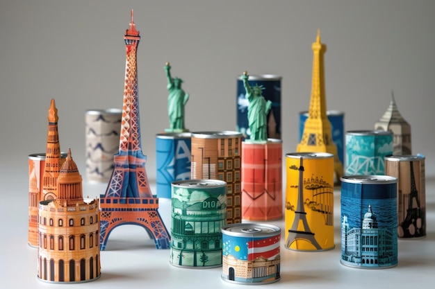 Photo travelinspired paint can souvenirs showcasing iconic landmarks internationally