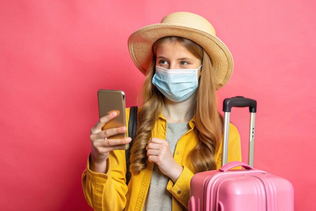 Photo traveller wearing medical mask using her phone