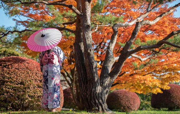 Traveller woman holding umbrella in the park, back view, Autumn maple leaves travelling concept.