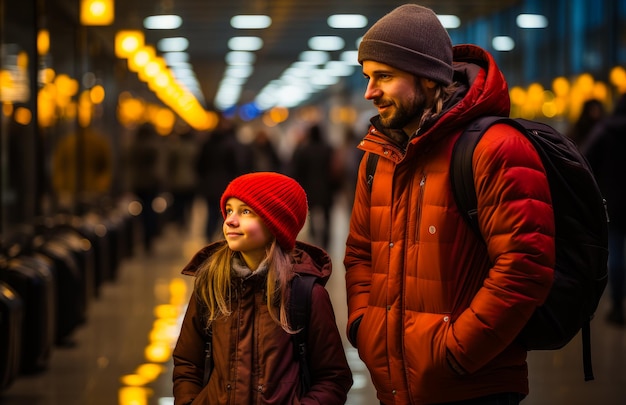 Travellers in coat and hat waiting train City lifestyle transport waiting Generative AI