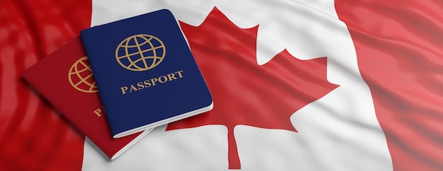 Travelling to Canada Two passports on Canadian flag background 3d illustration