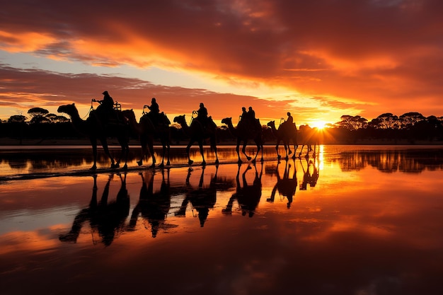 travelling night caravan of camels and nomads at desert