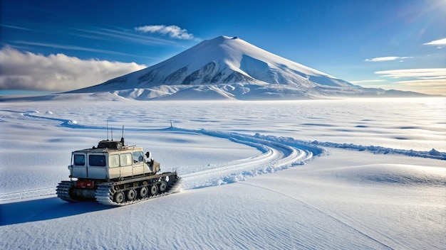 Travelling on the Ross ice shelf in Antarctica Tracked vehicle travelling in Antarctica in support of geological studies of Mount Erebus