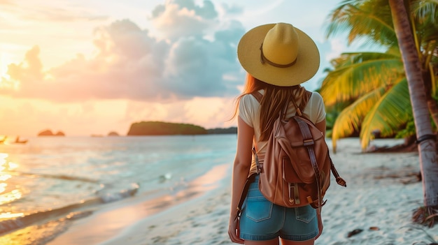 Travelling woman with backpack and straw hat enjoying the view on a tropical beach paradise