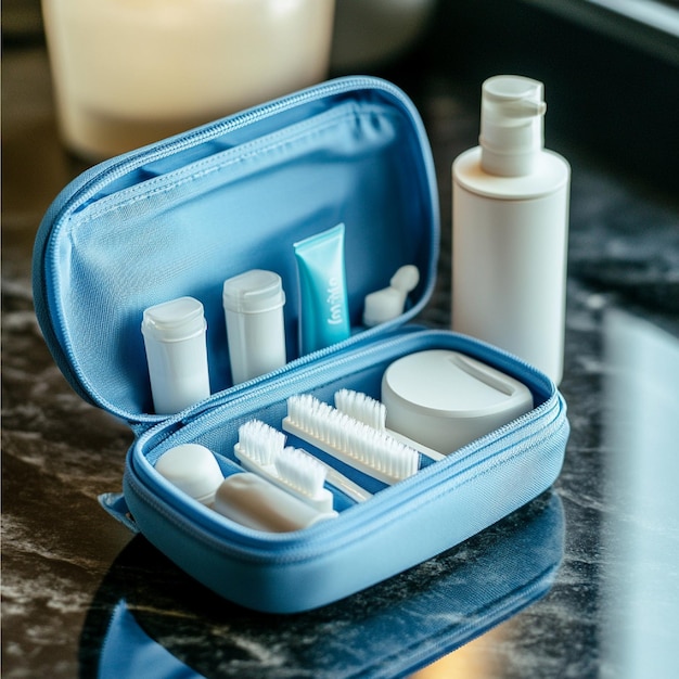 A travelsized oral hygiene kit with essentials