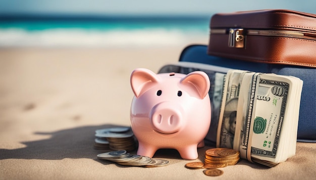 TravelVacation money saving conceptpiggy bank beach vacationMiniature luggage and bundles of