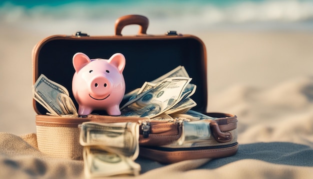 TravelVacation money saving conceptpiggy bank beach vacationMiniature luggage and bundles of