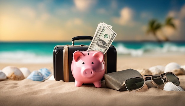 Photo travelvacation money saving conceptpiggy bank beach vacationminiature luggage and bundles of