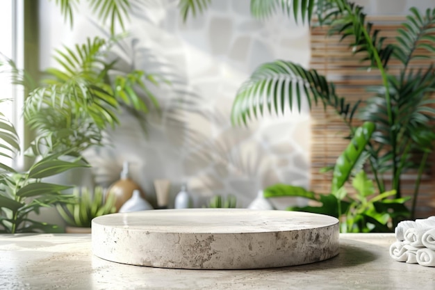 Travertine empty round podium on blurred sustainable bathroom interior background with plants