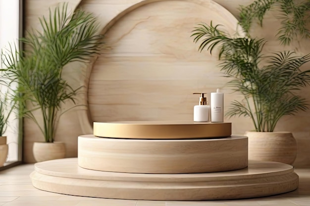 Travertine round podium in serene spa setting perfect for showcasing beauty products