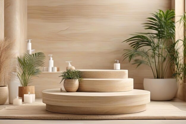 Travertine round podium in serene spa setting perfect for showcasing beauty products