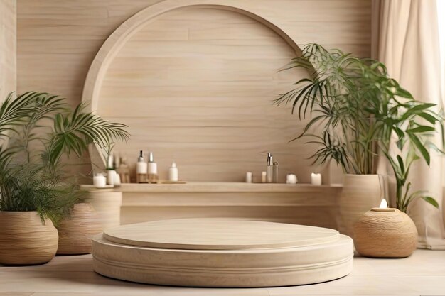 Travertine round podium in serene spa setting perfect for showcasing beauty products