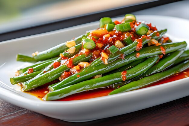 Photo a tray of asparagus with a red sauce and beans