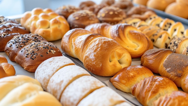 Tray of assorted bread rolls and pastries in a bakery