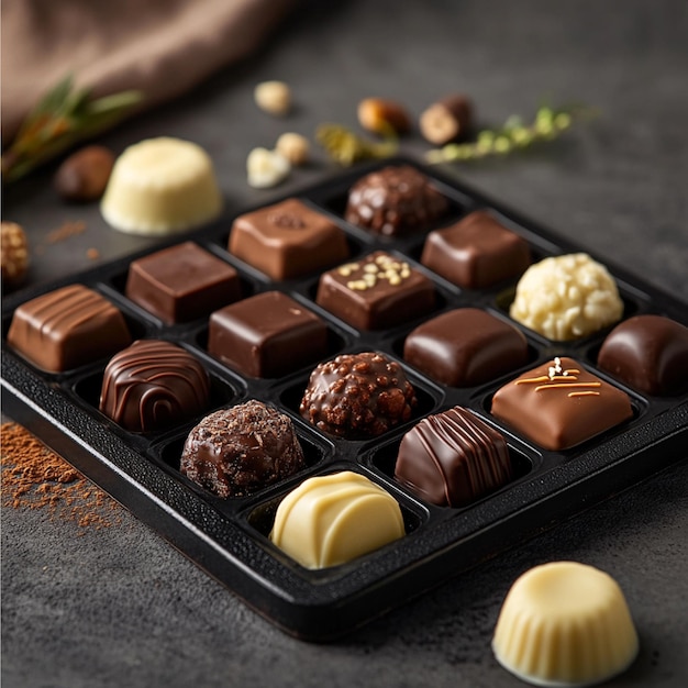 A tray of assorted chocolate pralines with unique fillings