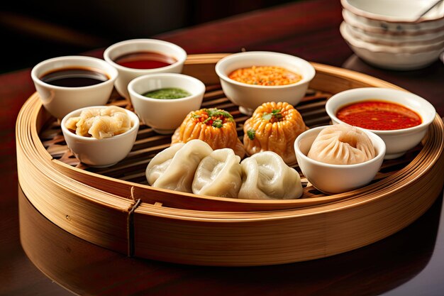 Photo tray of assorted dim sum with dipping sauces