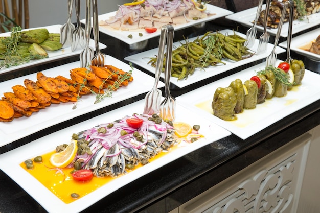 Tray of assorted food for salad buffet