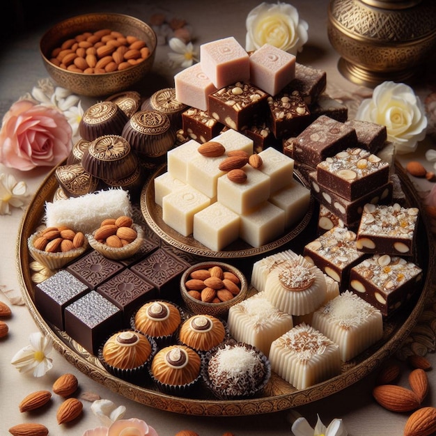 a tray of assorted sweets including a variety of chocolates and flowers