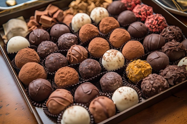 Tray of assorted truffles each one in different shape and color