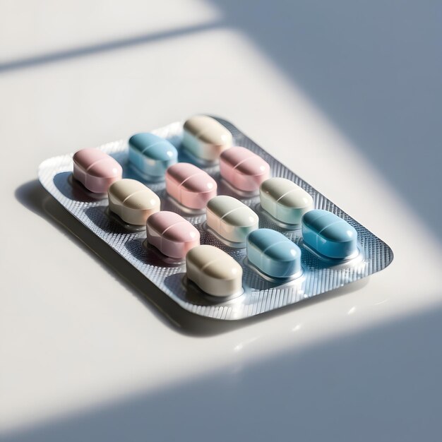 Photo a tray of blue and pink pills with a white cover