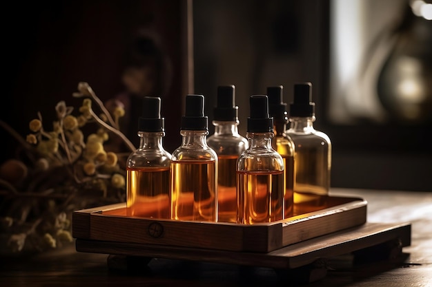 A tray of bottles of essential oils with a wooden box in the background.