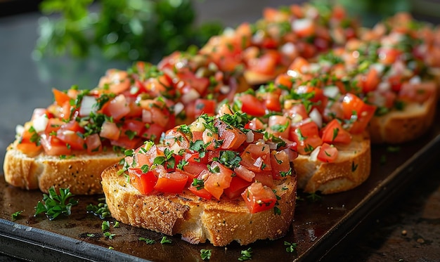 a tray of bread with tomatoes tomatoes and lettuce