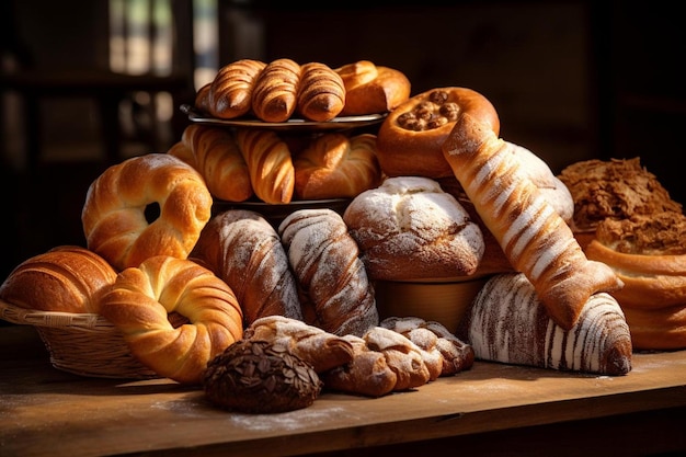 A tray of breads with a teddy bear on the top.