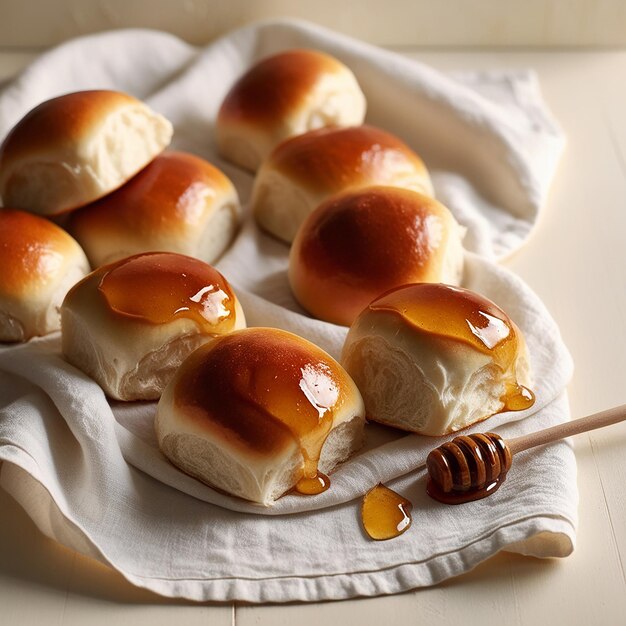 Photo a tray of buns with honey and honey on it