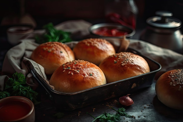 A tray of buns with sesame seeds on top