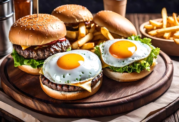 a tray of burgers with fries and a sandwich on it