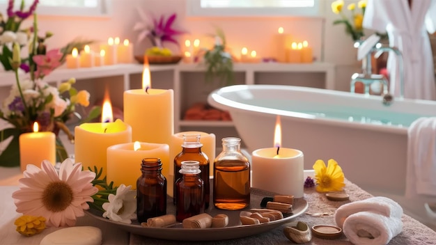 a tray of candles and flowers with a tub of soap and flowers