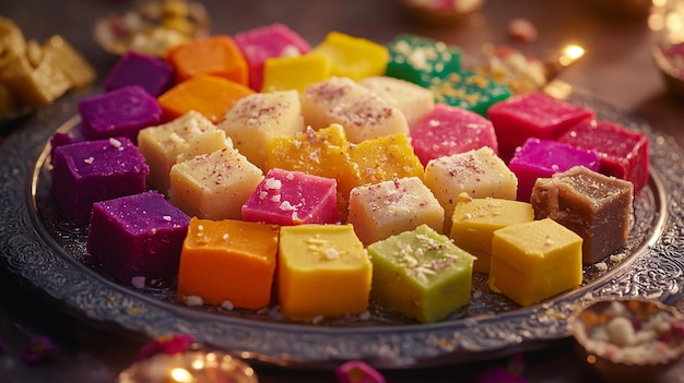 a tray of candy including one that has a sticker on it