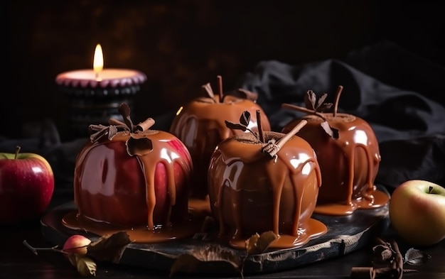 A tray of caramel apples with a candle in the background