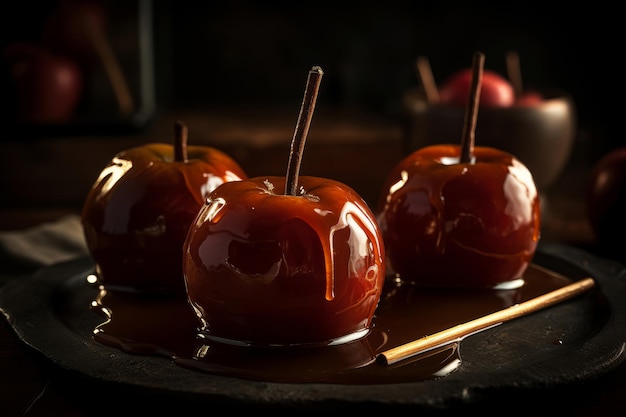 A tray of caramel apples with a spoon in it