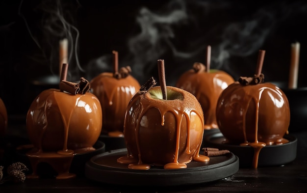 A tray of caramel apples with a stick of chocolate on top