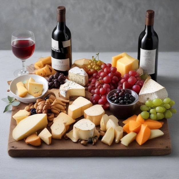 Photo a tray of cheese cheese and cheese with a bottle of wine