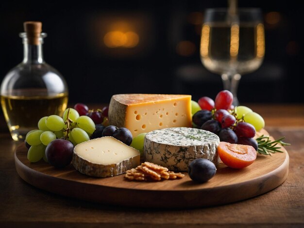 Photo a tray of cheese cheese and grapes are on a table