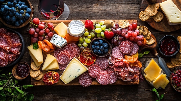 a tray of cheese cheese grapes and cheese is on a table