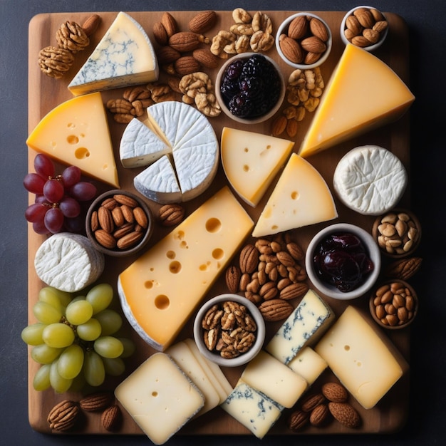 Photo a tray of cheese cheese nuts and nuts on a table