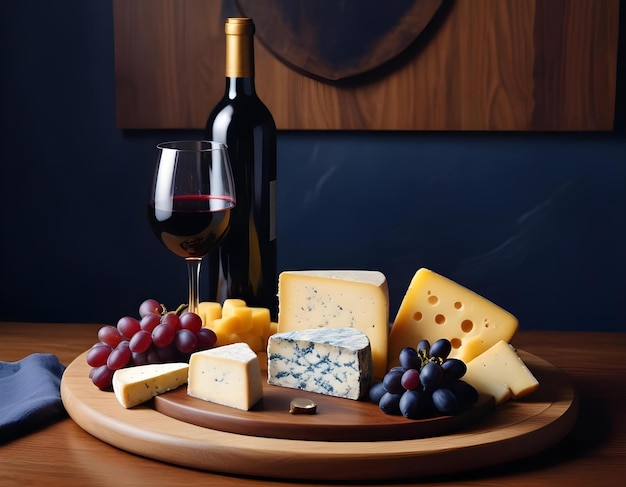 a tray of cheese grapes and a bottle of wine on a table