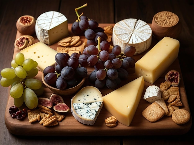 a tray of cheese grapes cheese and crackers are on a wooden table