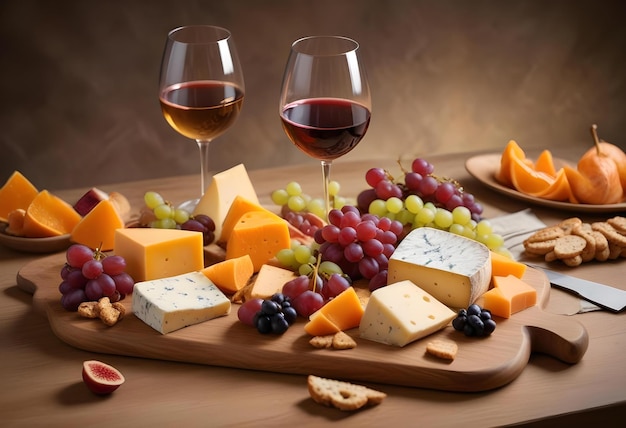 a tray of cheese grapes and cheese with wine glasses