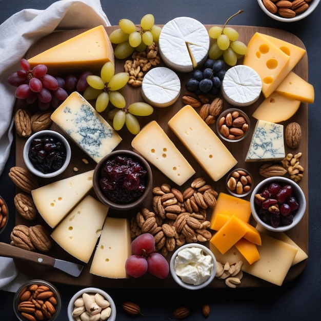 a tray of cheese grapes and nuts with a white napkin