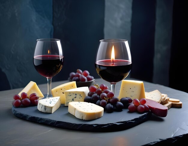 a tray of cheese grapes and wine glasses with a candle in the middle