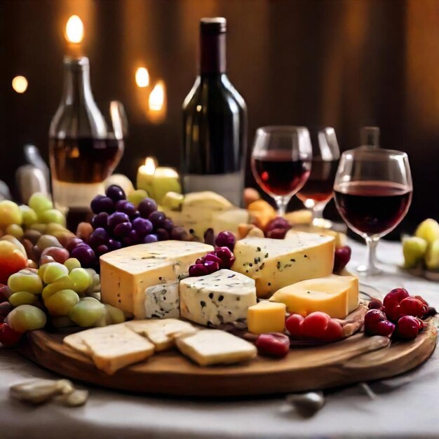 Photo a tray of cheese grapes and wine on a table